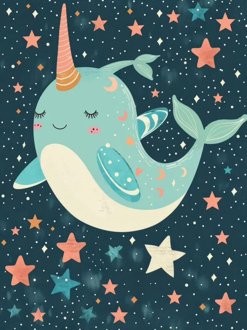 Mignon narval nageant parmi les étoiles dans un océan fantaisiste hahnemühle de DesignDoodle