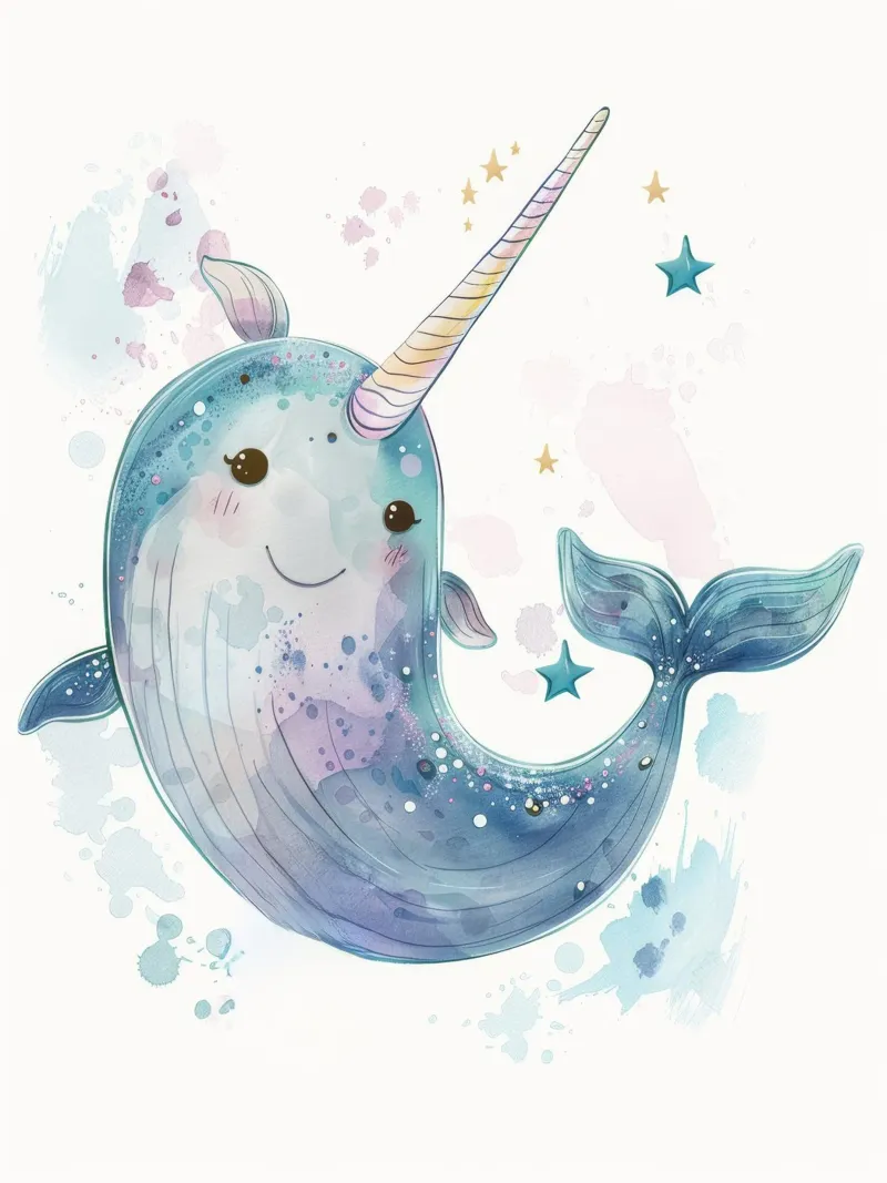 Simpatico personaggio narvalo che nuota felice in un'acqua stravagante pellicola backlit da DesignDoodle