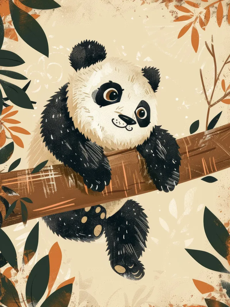 Un simpatico panda pende da un ramo circondato da foglie pellicola backlit da DesignDoodle