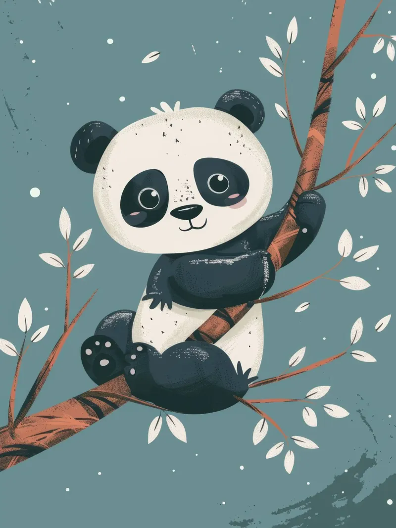 Cute panda sitting on a tree branch surrounded by leaves in canvas by DesignDoodle