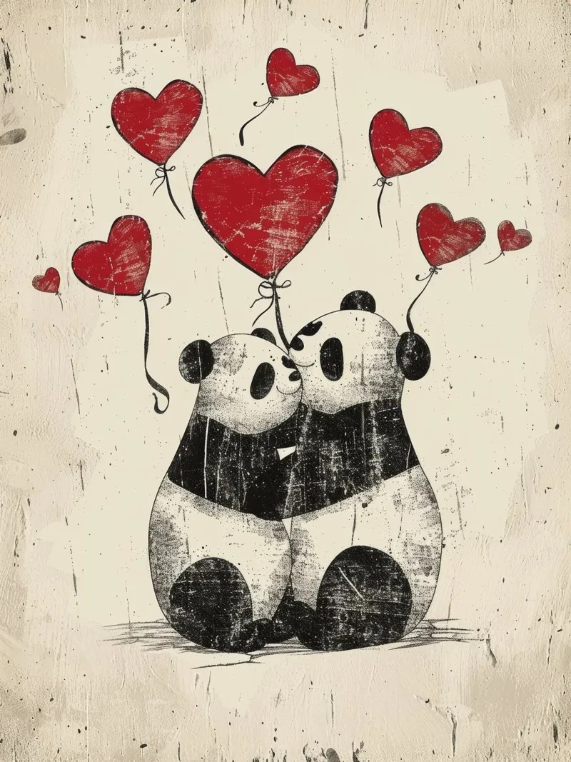 Pandas exchanging affection with heart-shaped balloons hahnemühle by DesignDoodle
