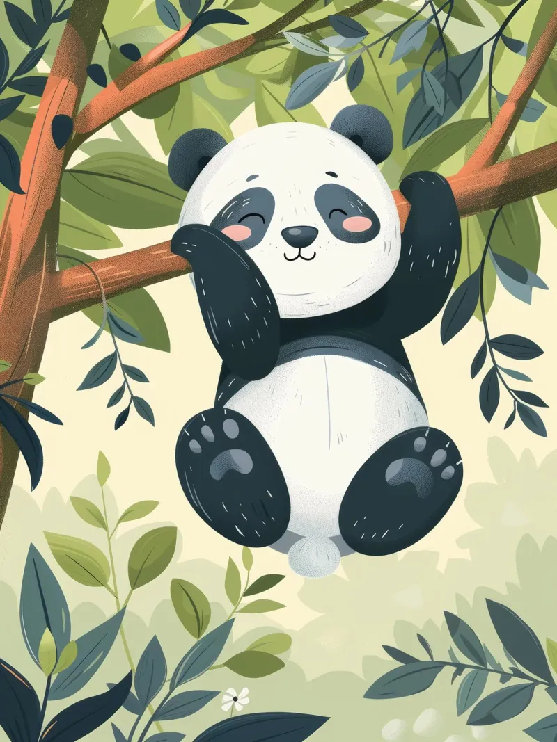 Tenero cucciolo di panda appeso a un ramo d'albero in un ambiente verde e rigoglioso pellicola backlit da DesignDoodle