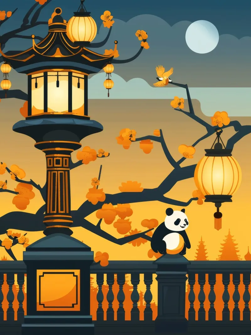 Panda rustend onder lantaarns in een rustig herfstlandschap canvas van DesignDoodle