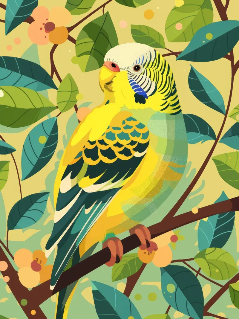 Budgerigar perched on a branch surrounded by leaves and flow canvas by DesignDoodle