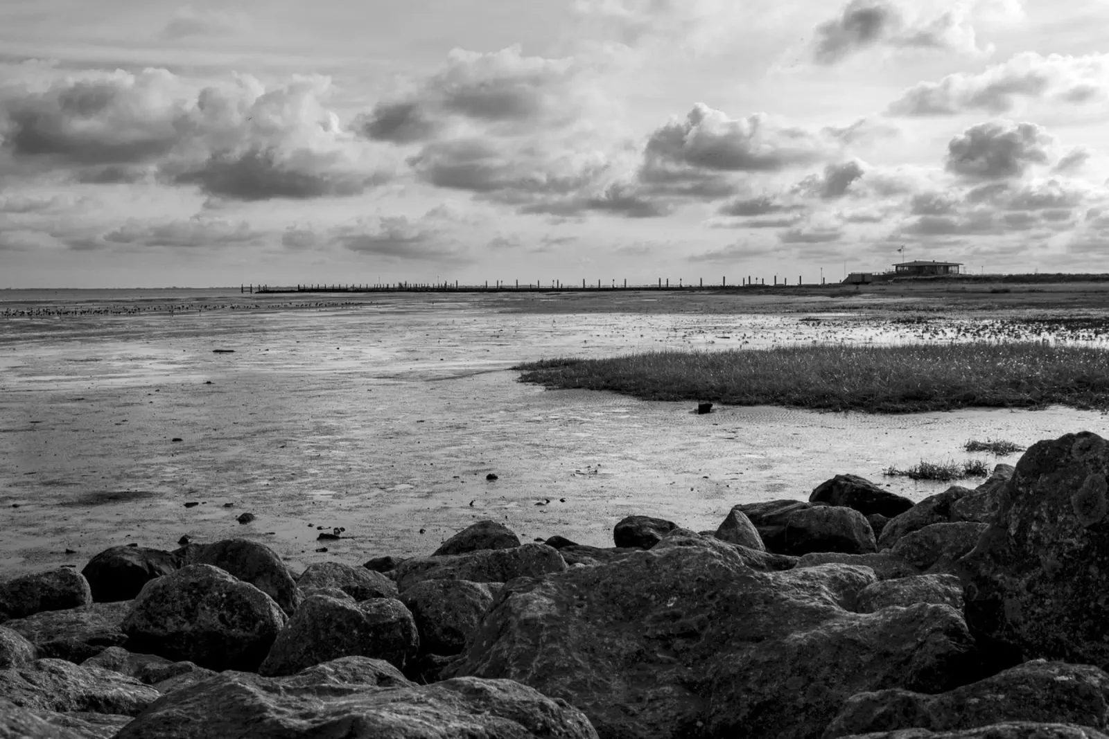 Paesaggio costiero nel Mare di Wadden - Mare del Nord in bianco e nero poster con telaio in plastica da Finch & Frames