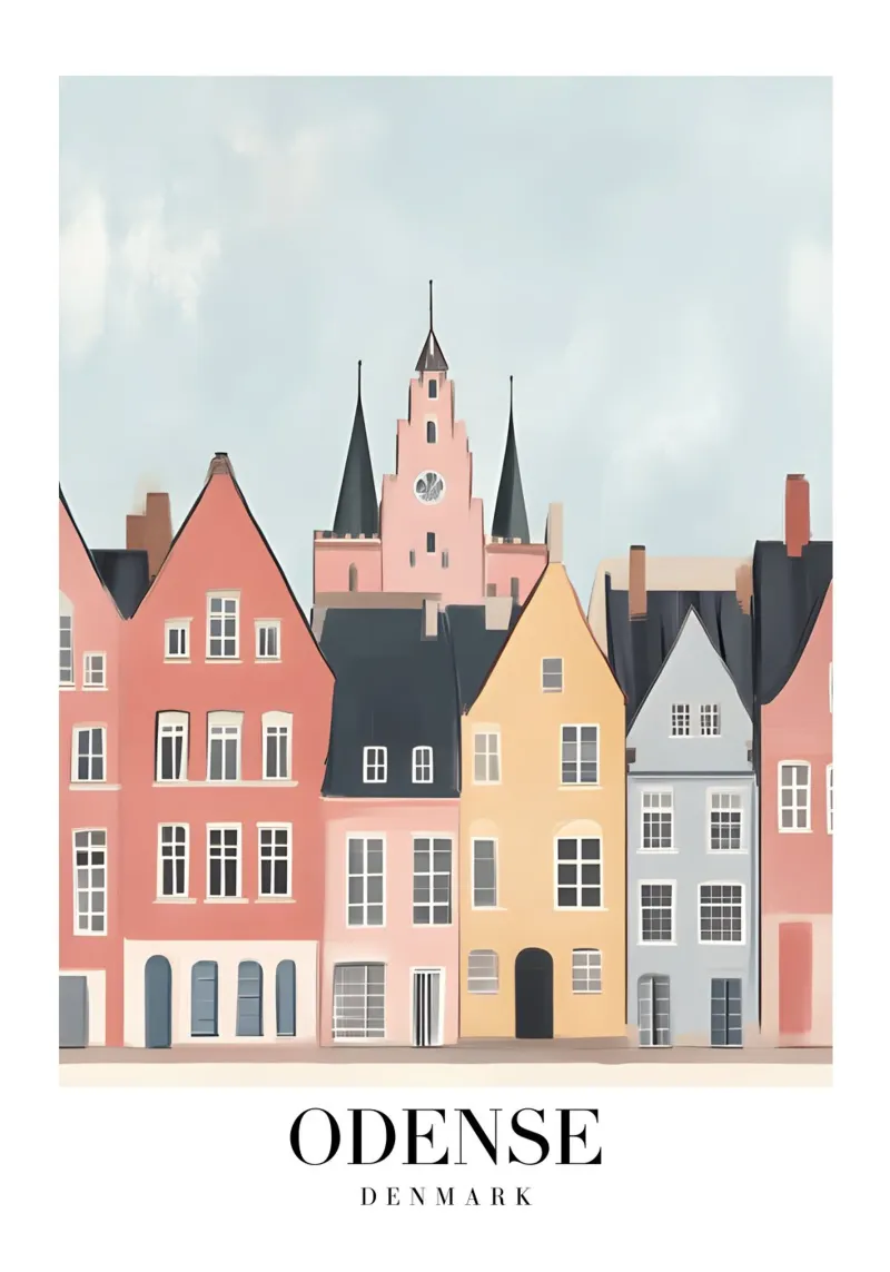 Odense Denmark Cityscape Poster - Nordic Pastel Architecture canvas with Floater frame by homdeco