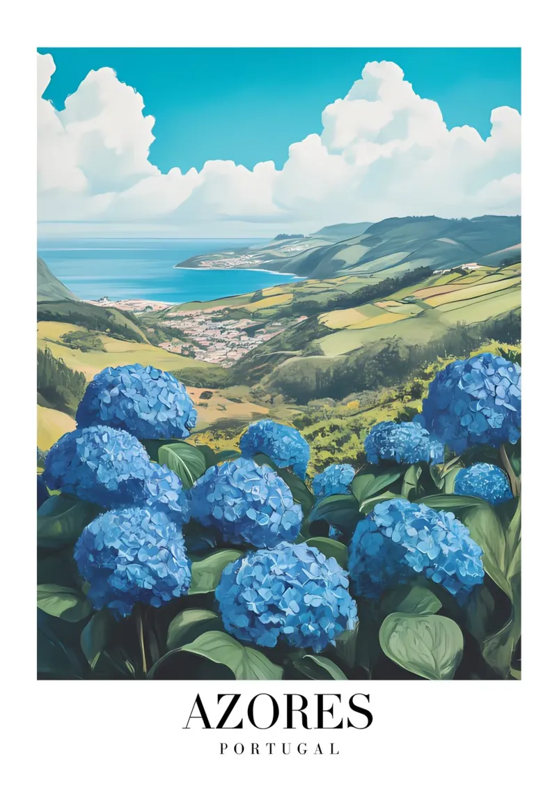 Azoren Portugal Hortensia Landschap - Kustzicht Print canvas met Baklijst van homdeco