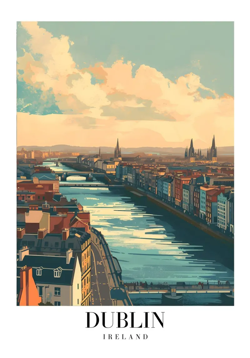 Dublin Ierland rivier Liffey stadsgezicht - panoramische kunstdruk canvas met Baklijst van homdeco