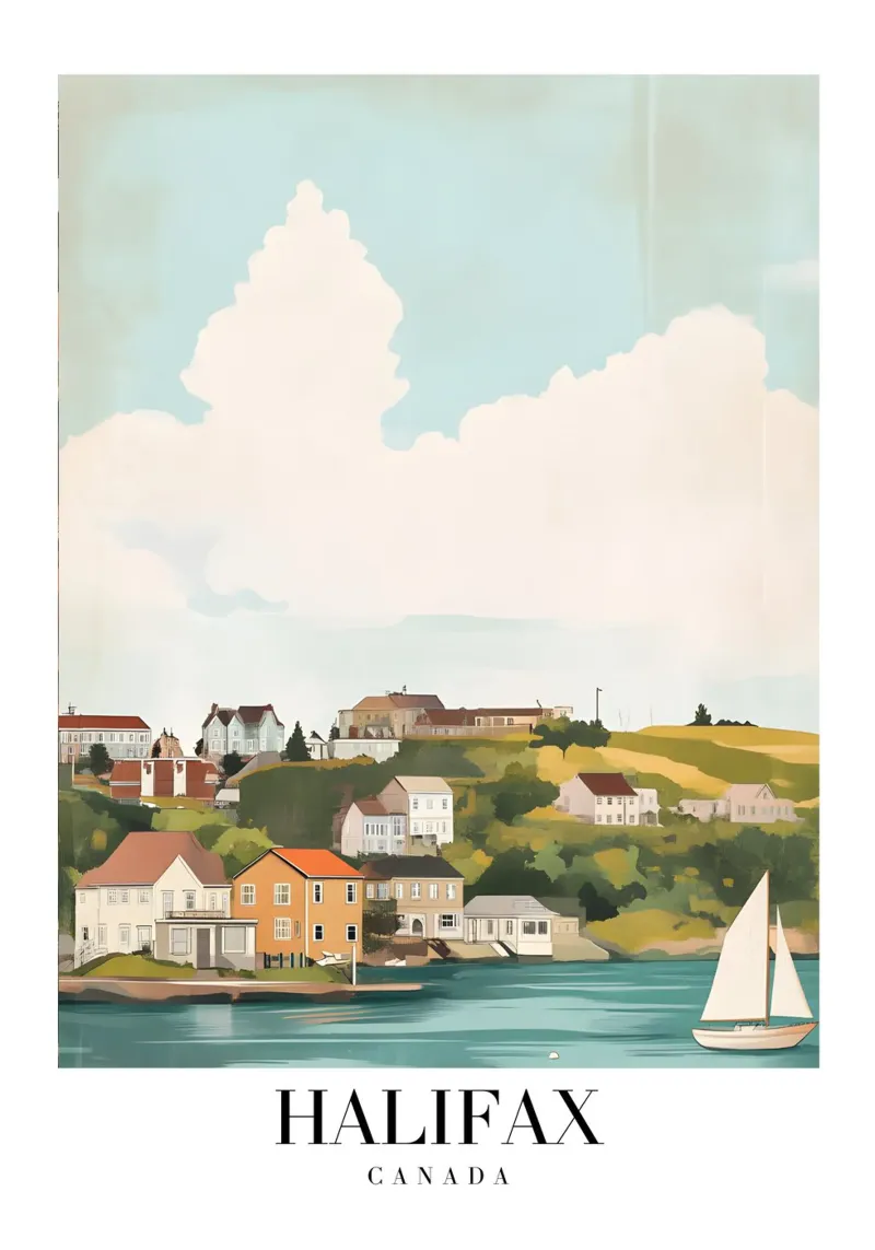 Halifax Nova Scotia Kuststad - Zeilboot & Heuvels Print canvas met Baklijst van homdeco