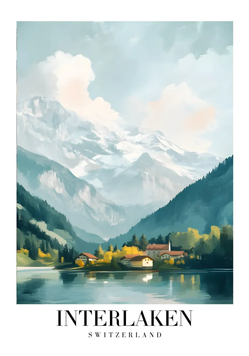 Interlaken Zwitserland Alpenmeer - Bergdorp Print canvas met Baklijst van homdeco
