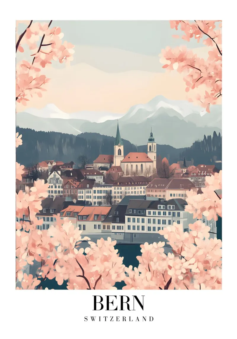 Bern Zwitserland Kersenbloesem stadsgezicht - Alpine Art Print poster van homdeco