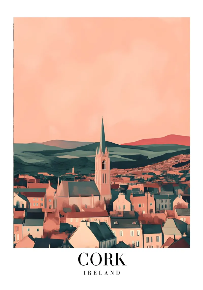 Cork Ierland Stadsgezicht - Kerkspits & Bergen Print canvas met Baklijst van homdeco