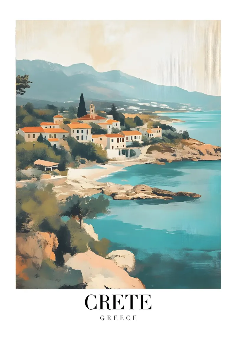 Kreta Griekenland Kustdorp - Mediterraanse Zeegezicht Kunst canvas met Baklijst van homdeco