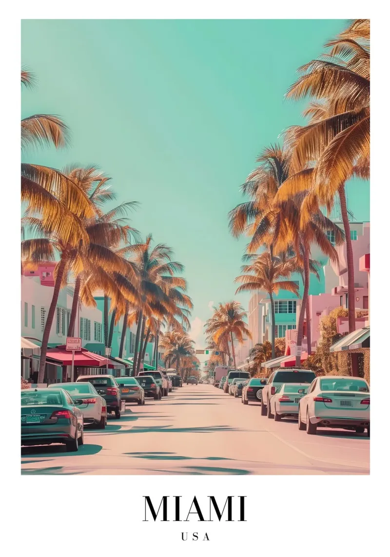 Miami Beach Ocean Drive - Art Deco Palm Trees Print metacrilato de homdeco