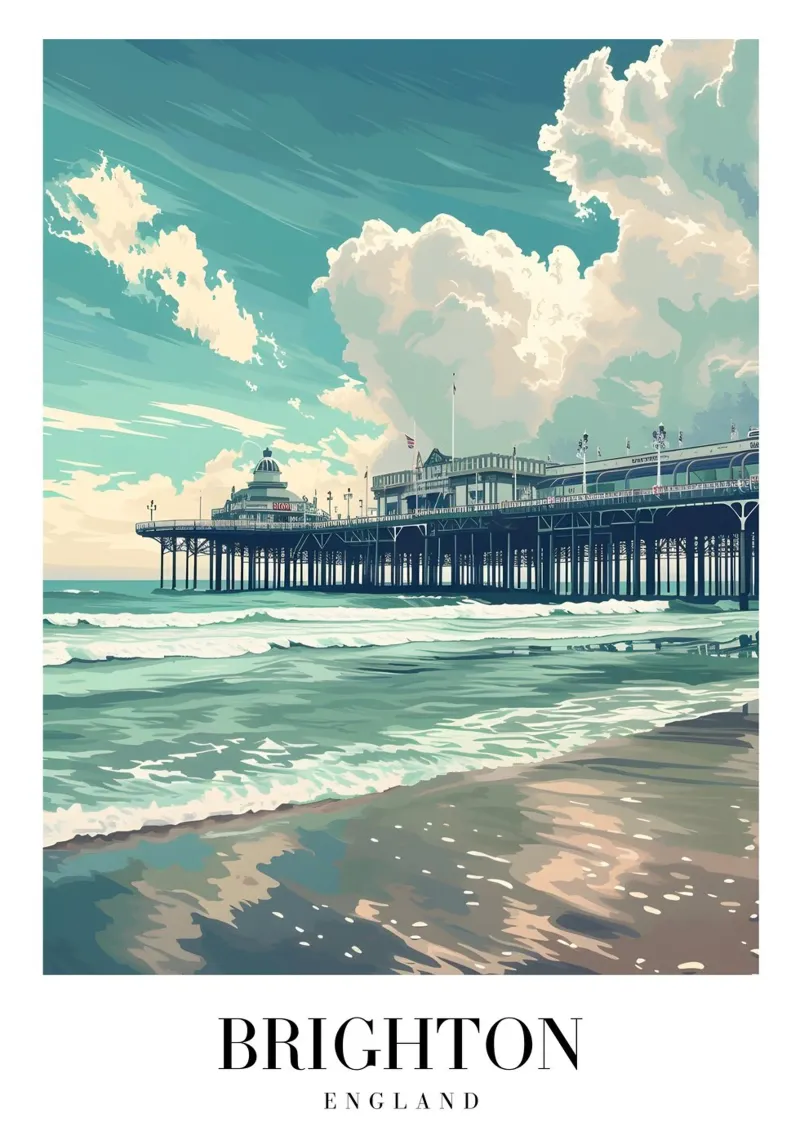 Molo di Brighton, Inghilterra - Stampa d'arte su spiaggia costiera poster con telaio in alluminio da homdeco
