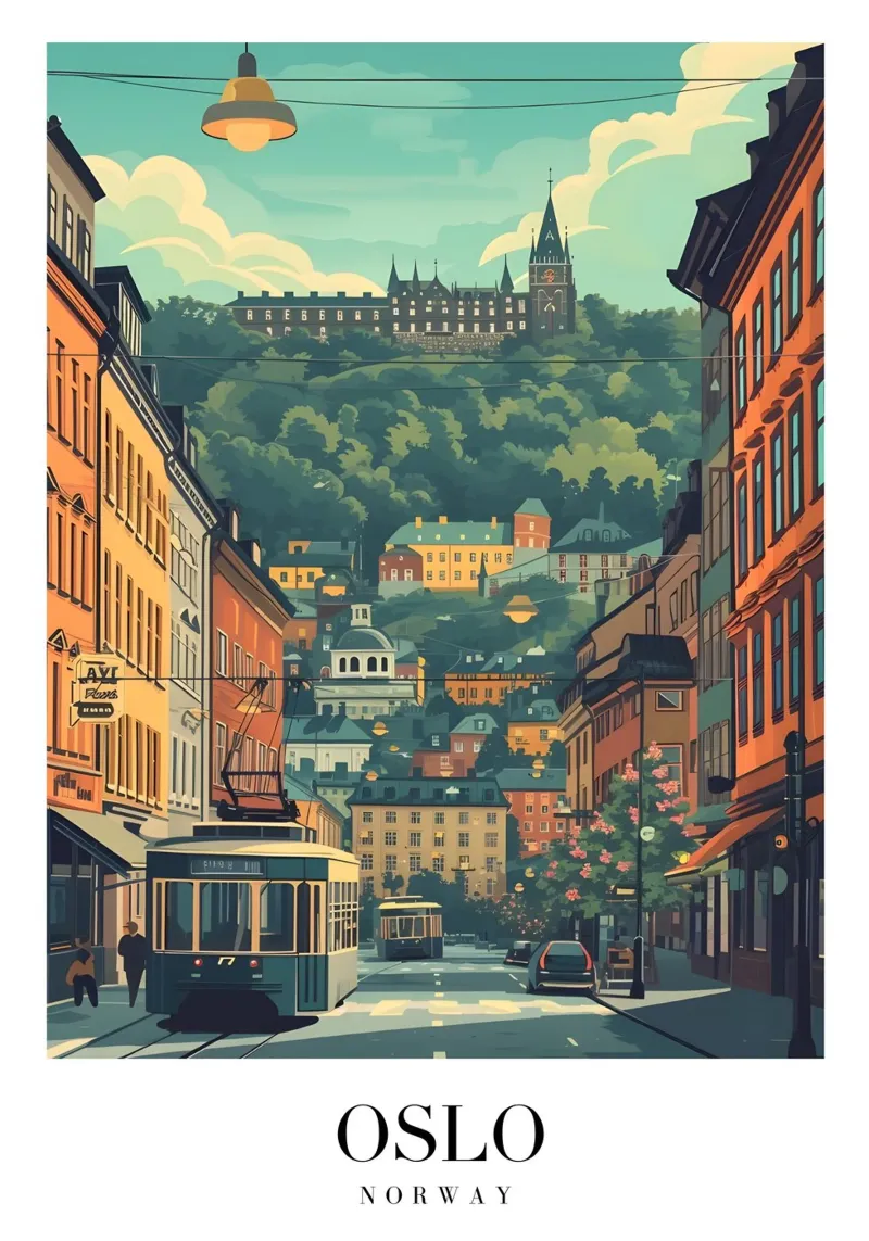 Oslo Noorwegen Stadsgezicht - Historisch gebouw & Tram Print canvas met Baklijst van homdeco