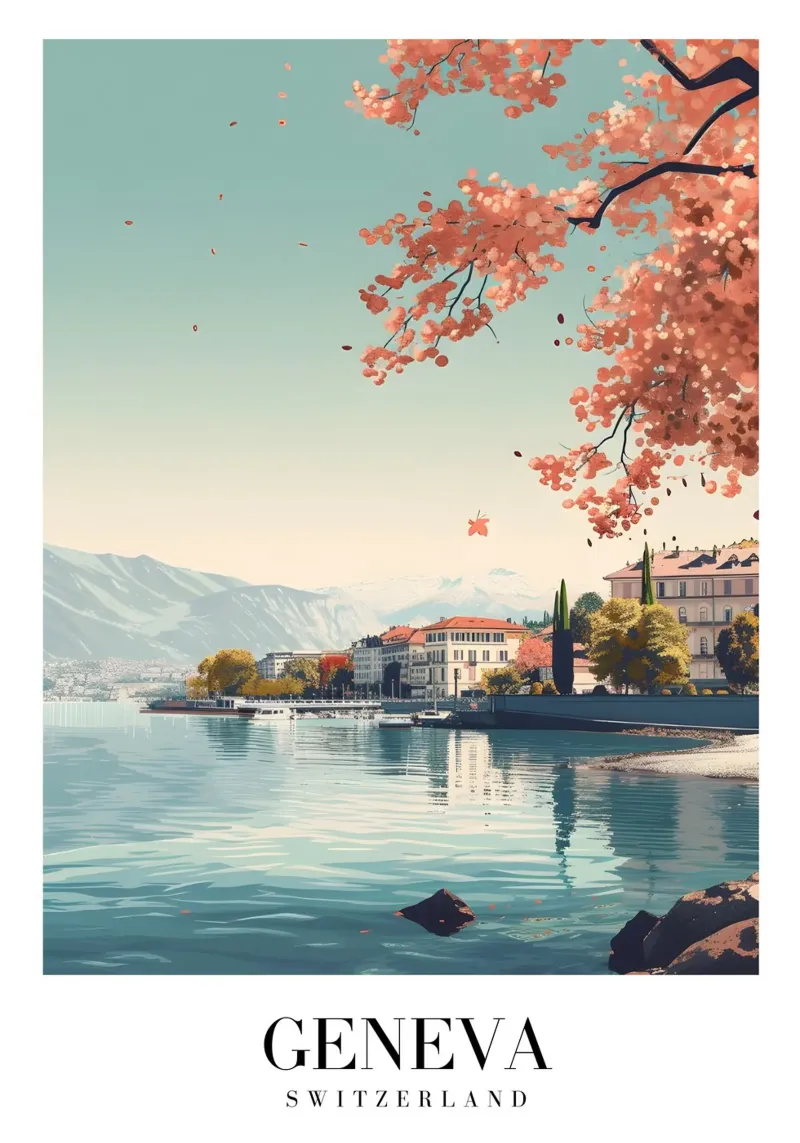 Meer van Genève Zwitserland & Kersenbloesems - Alpenstad canvas met Baklijst van homdeco