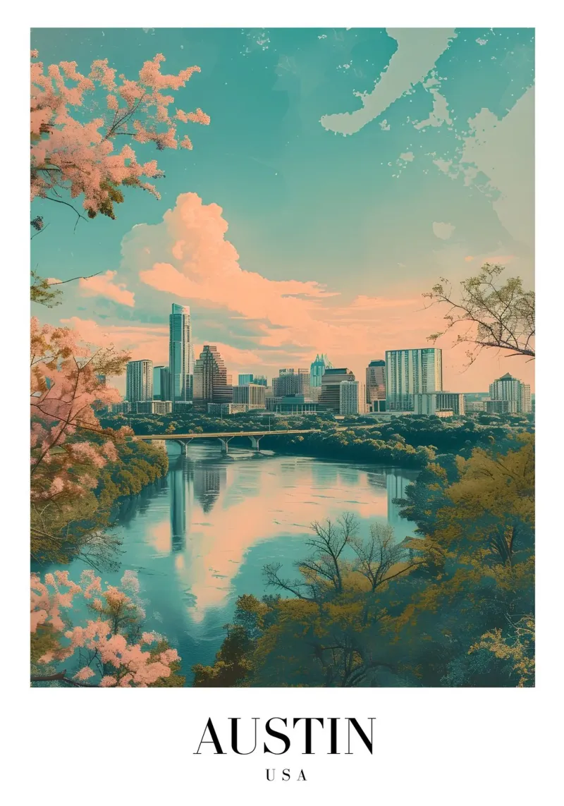 Paesaggio urbano di Austin Texas - Lago Lady Bird e arte dei fiori poster con telaio in plastica da homdeco