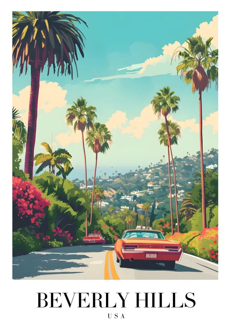 Beverly Hills California Drive - Palme e auto d'epoca poster con telaio in plastica da homdeco