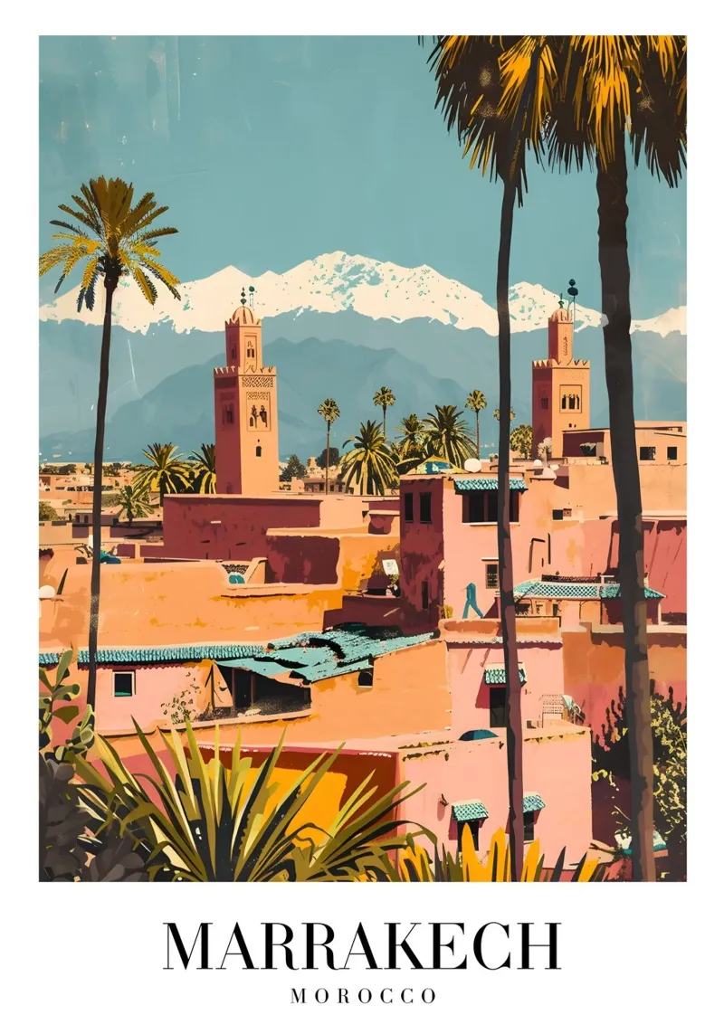 Marrakech Marocco Città Rosa - Montagne dell'Atlante e Minareti poster da homdeco