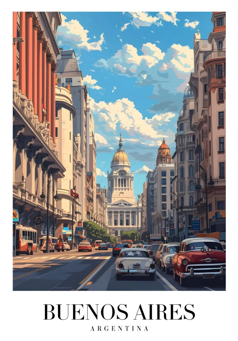 Buenos Aires Obelisco & stadsgezicht - Klassieke auto's kunst canvas met Baklijst van homdeco