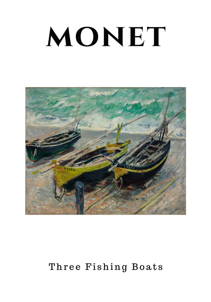De drie vissersboten van Monet - dynamisch impressionistisch zeegezicht canvas met Baklijst van homdeco