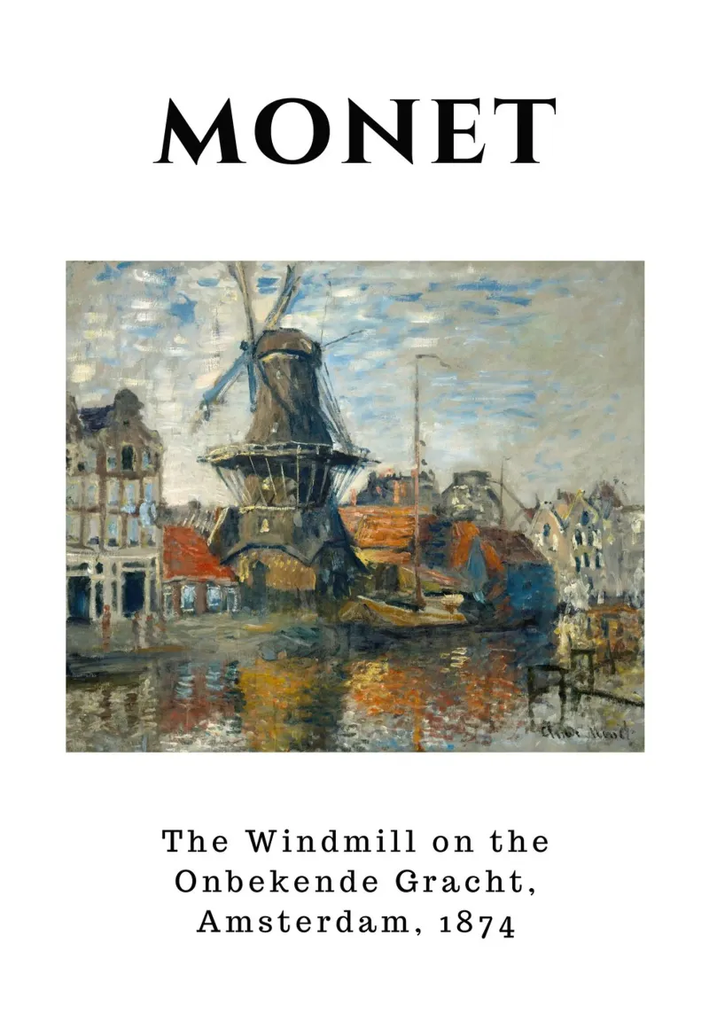 Il mulino a vento di Amsterdam di Monet, 1874 - Paesaggio urbano impressionista poster con telaio in alluminio da homdeco