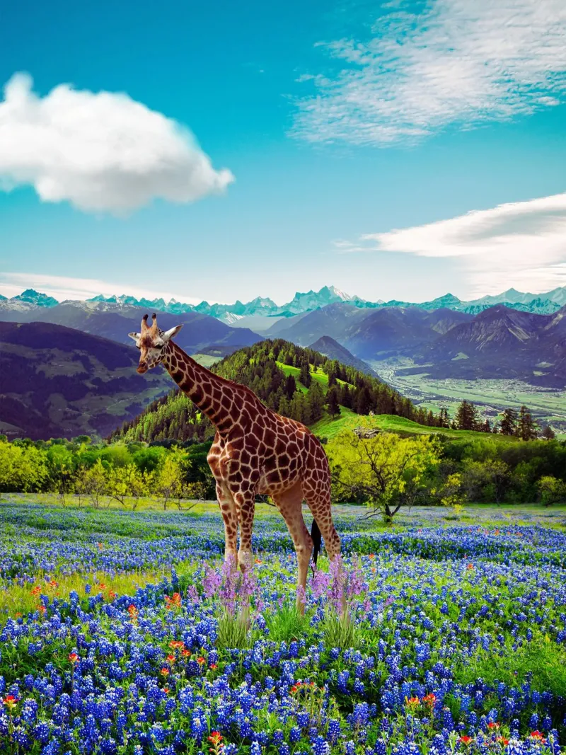 Giraffa in un campo di fiori poster da Berwies Artwork