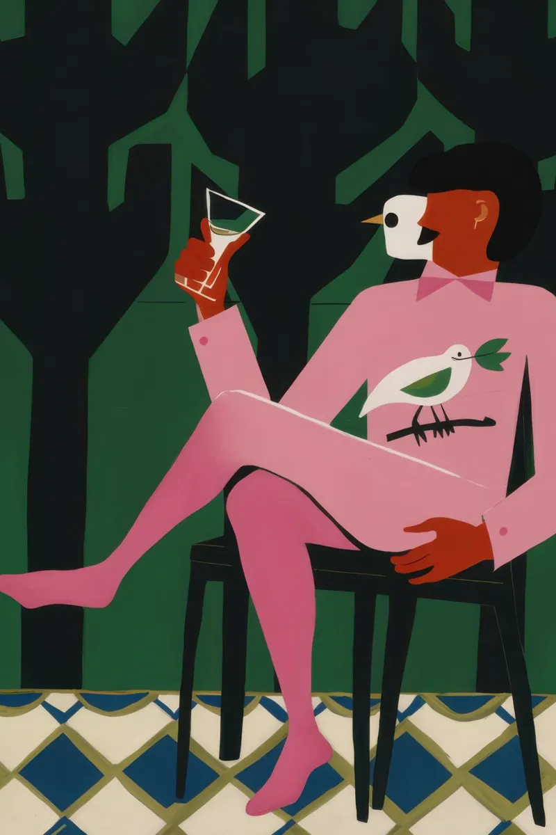 Uomo con vino rosa poster con telaio in plastica da Flock Reverie