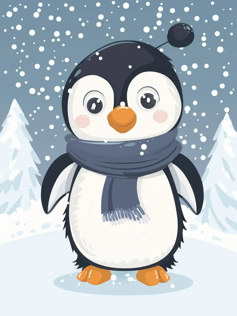 Un pingouin mignon portant une écharpe se tient dans la neige avec un pin. hahnemühle de DesignDoodle
