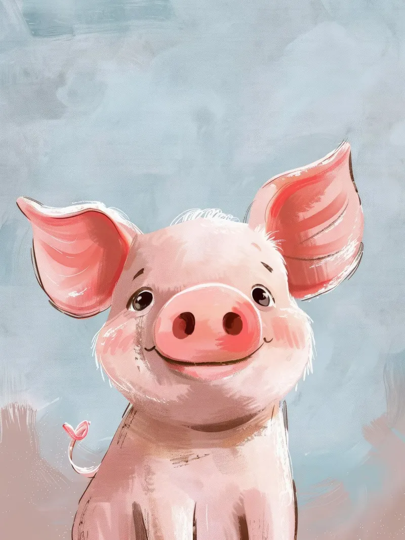 Cute cartoon piglet smiling against a light blue background canvas by DesignDoodle