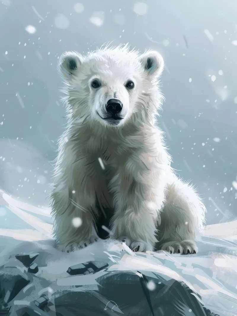 Cucciolo di orso polare seduto su un paesaggio innevato con neve cadente pellicola backlit da DesignDoodle