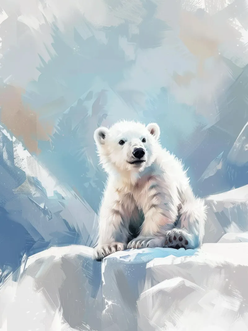 Polar bear cub resting on an ice ledge in a snowy wilderness canvas by DesignDoodle