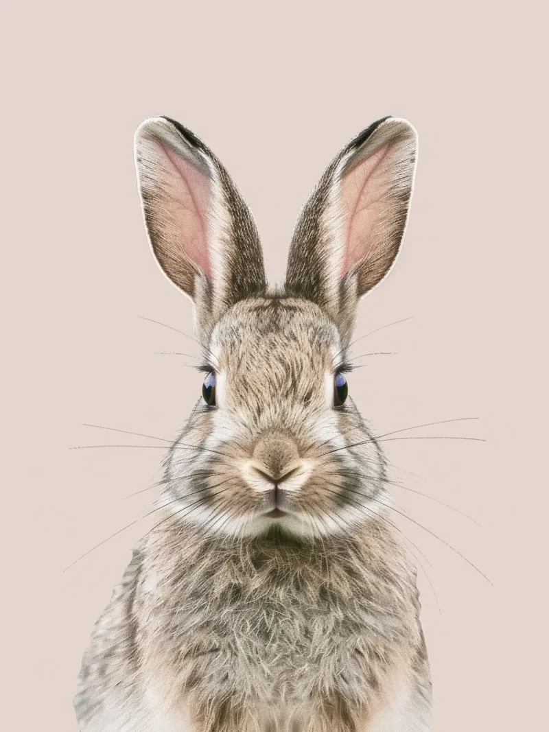Fluffy rabbit with expressive eyes against a neutral art canvas by DesignDoodle