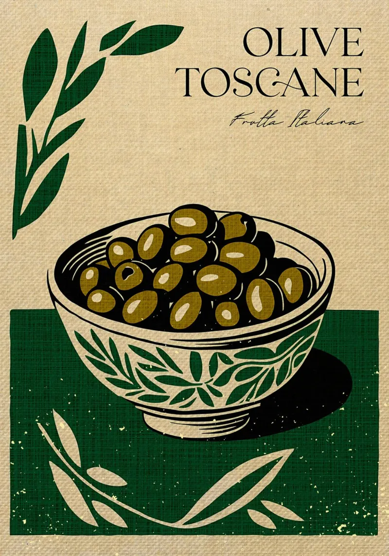 Olive verdi italiane poster con telaio in plastica da Providence Mbabazi Studio