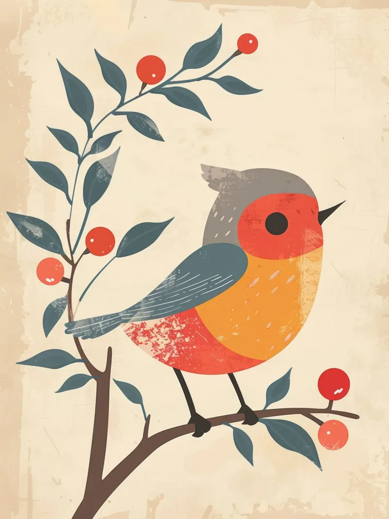 bird perched on branch in artistic style with berries alu-dibond by DesignDoodle