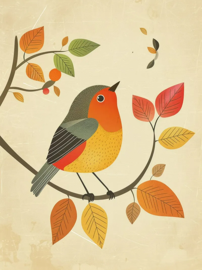 Bird perched on branch surrounded by warm autumn leaves canvas by DesignDoodle