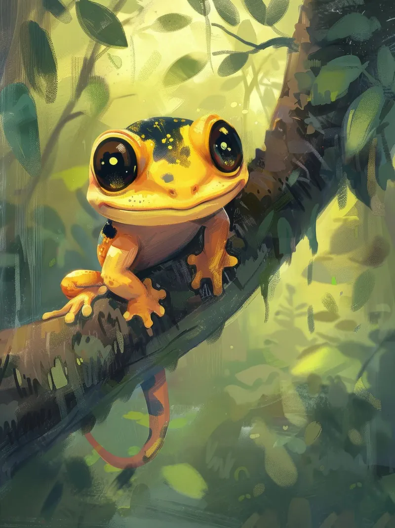 Rana arancione brillante che riposa su un ramo in una foresta verde e rigogliosa carta hahnemühle da DesignDoodle