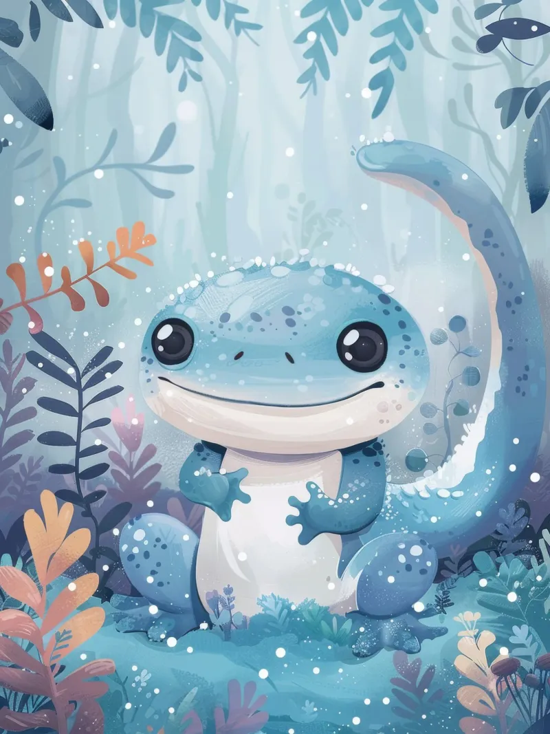 Niedliche blaue Eidechse sitzt unter schneebedecktem üppigem Laub Hahnemühle von DesignDoodle