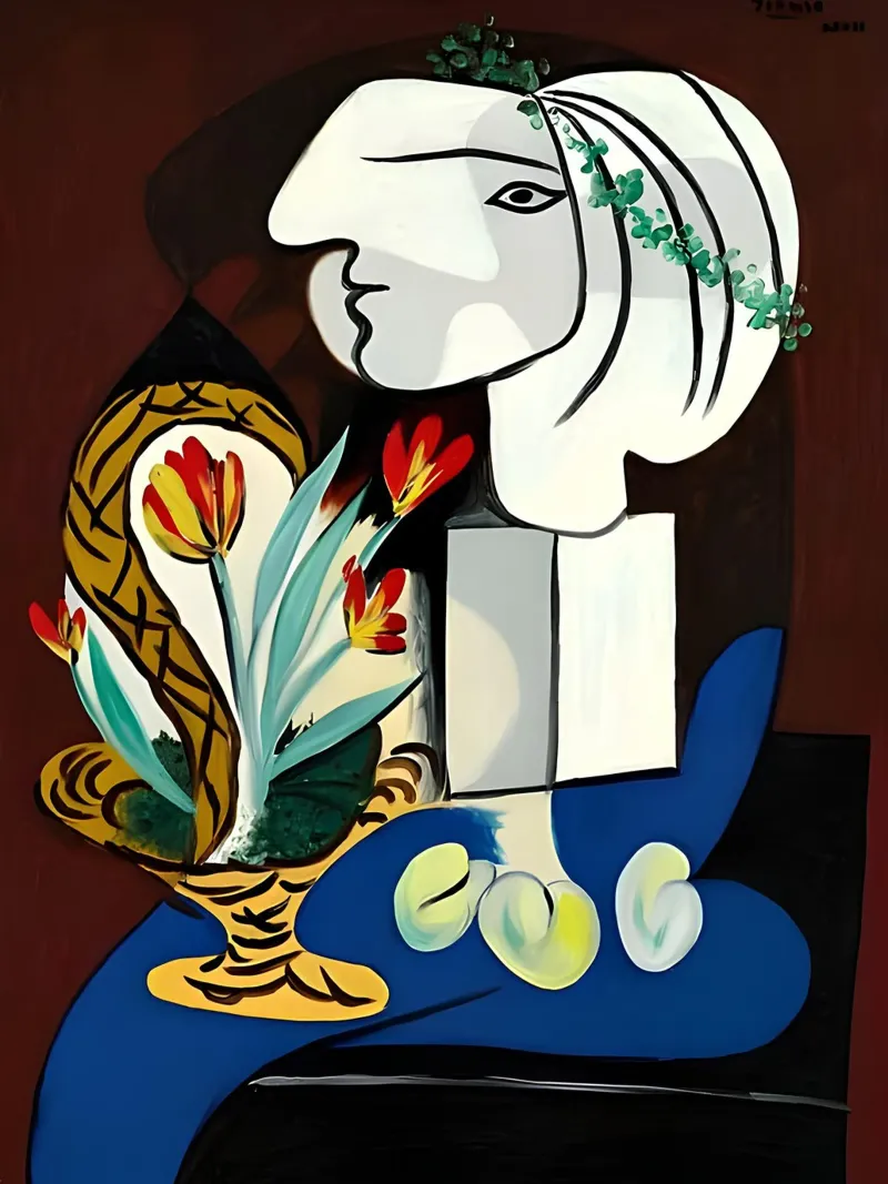Picasso Donna con tulipani Ritratto cubista Blu Rosso poster con telaio in legno da homdeco