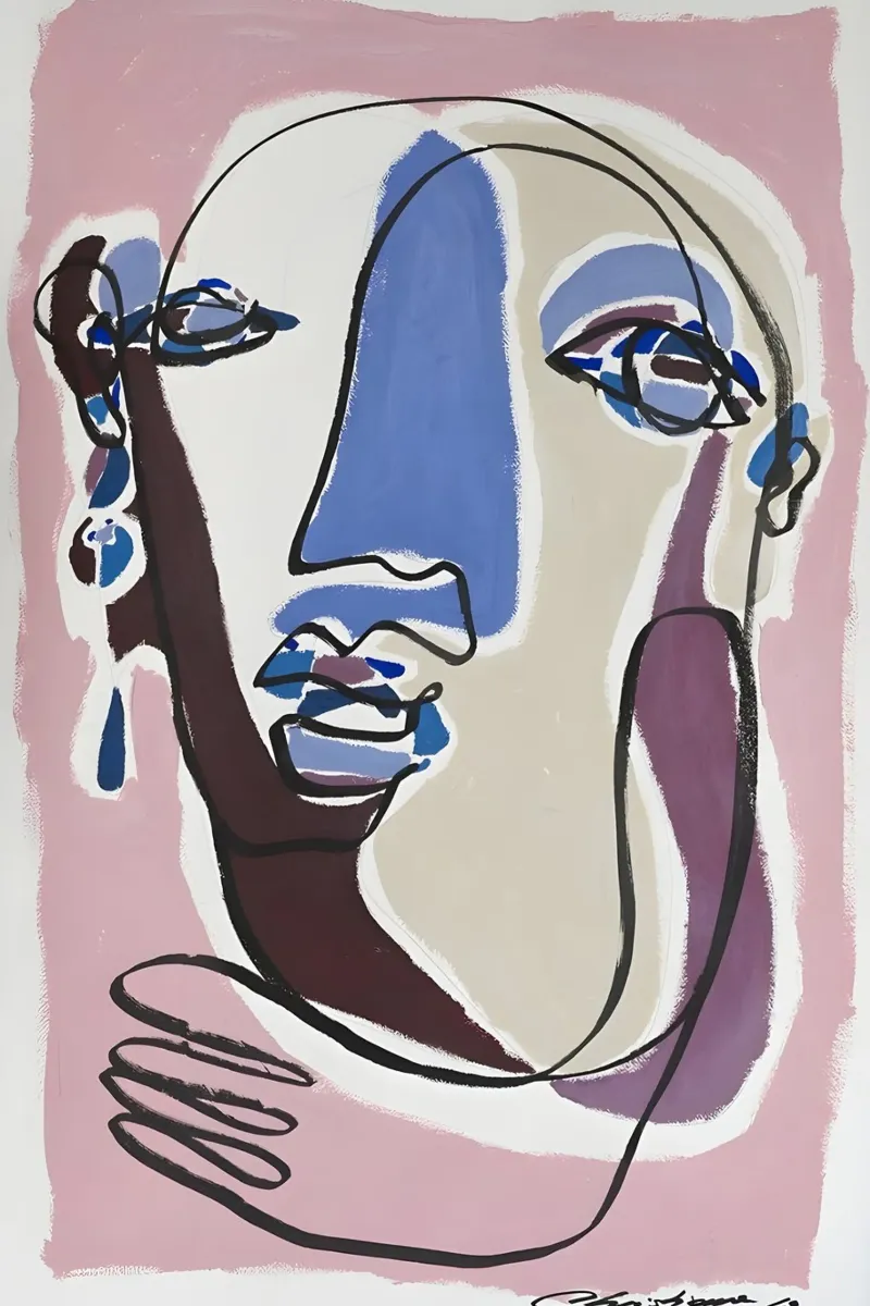 Abstract Face Continuous Line Art Pink Blue Purple canvas with Floater frame by homdeco