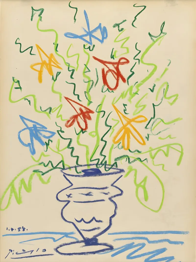 Picasso Flowers in Vase Abstract Sketch Art Print poster avec cadre en aluminium de homdeco
