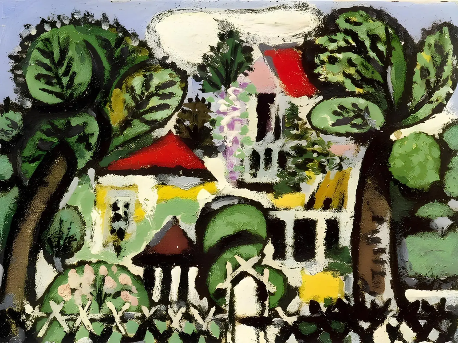 Paesaggio di campagna del villaggio di arte popolare naif pannello forex da homdeco