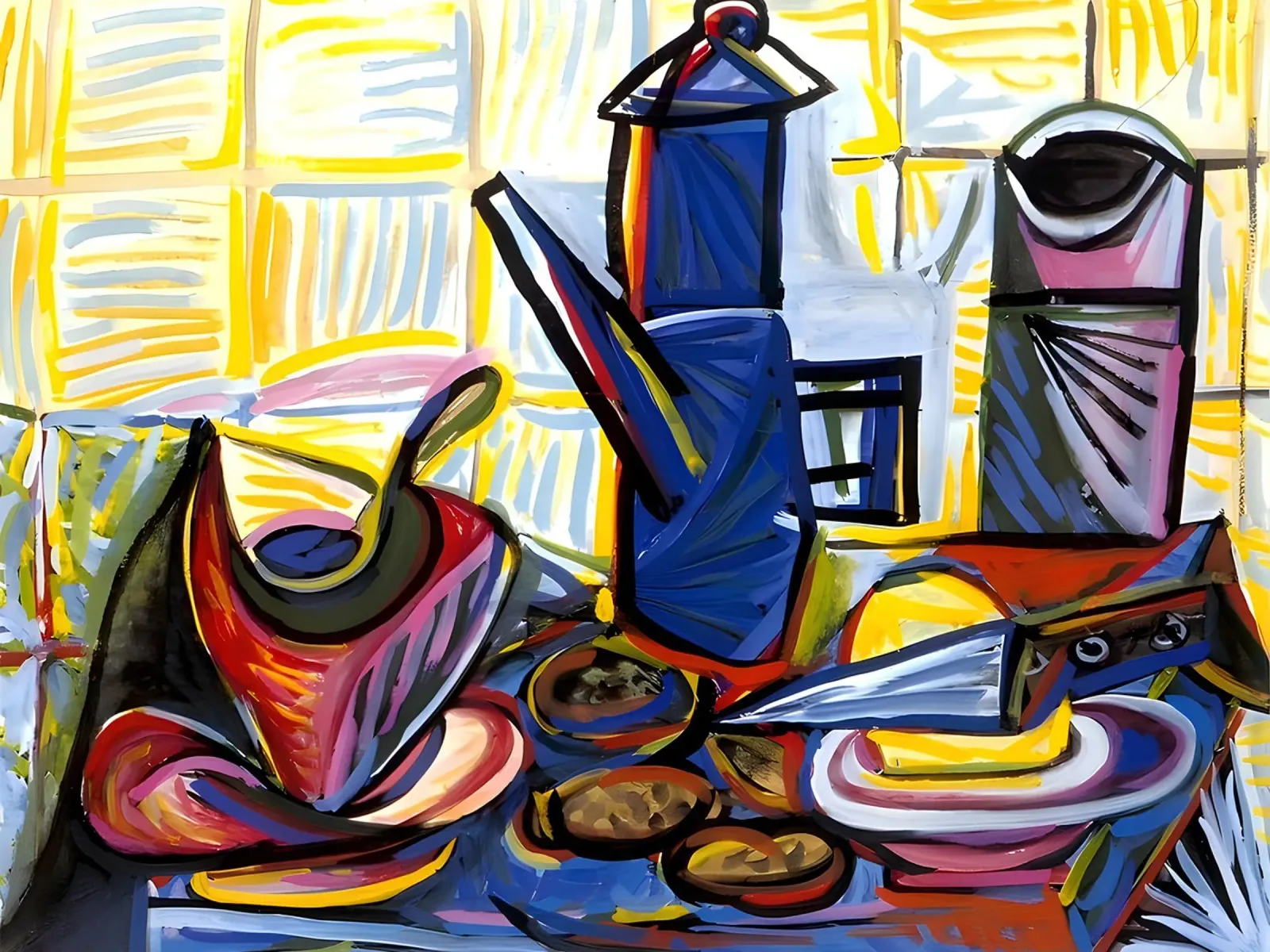 Kubistisch Stilleven Koffie Pot Abstract Keuken Kunst canvas met Baklijst van homdeco