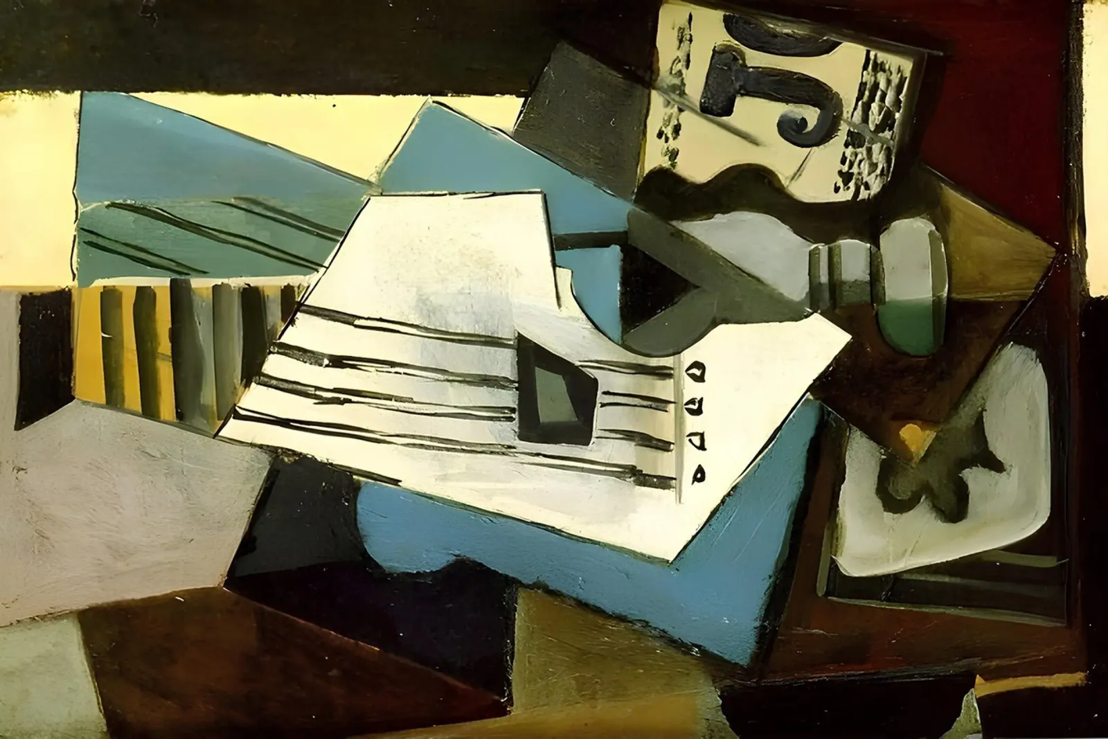 Cubist Still Life Sheet Music and Guitar Abstract hahnemühle by homdeco