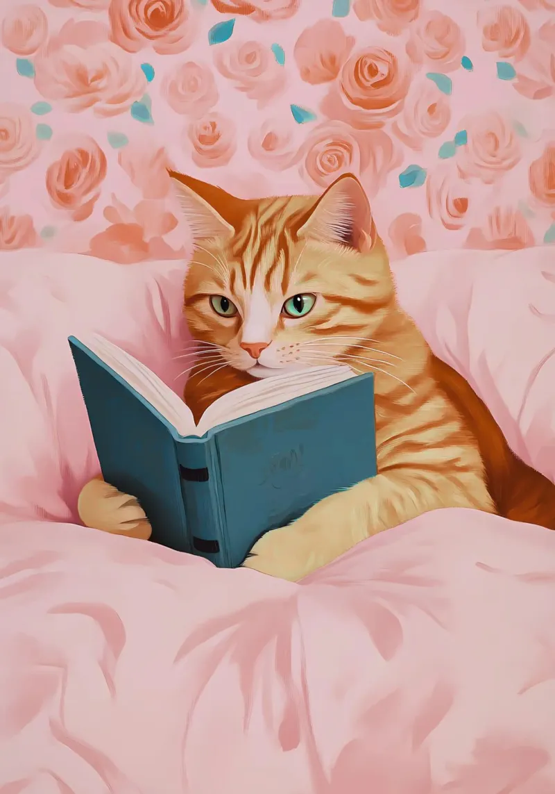 Tabby Katze lesend im Bett - Gemütlicher Bücherwurm Kunst Backlit Folie von vintagepod