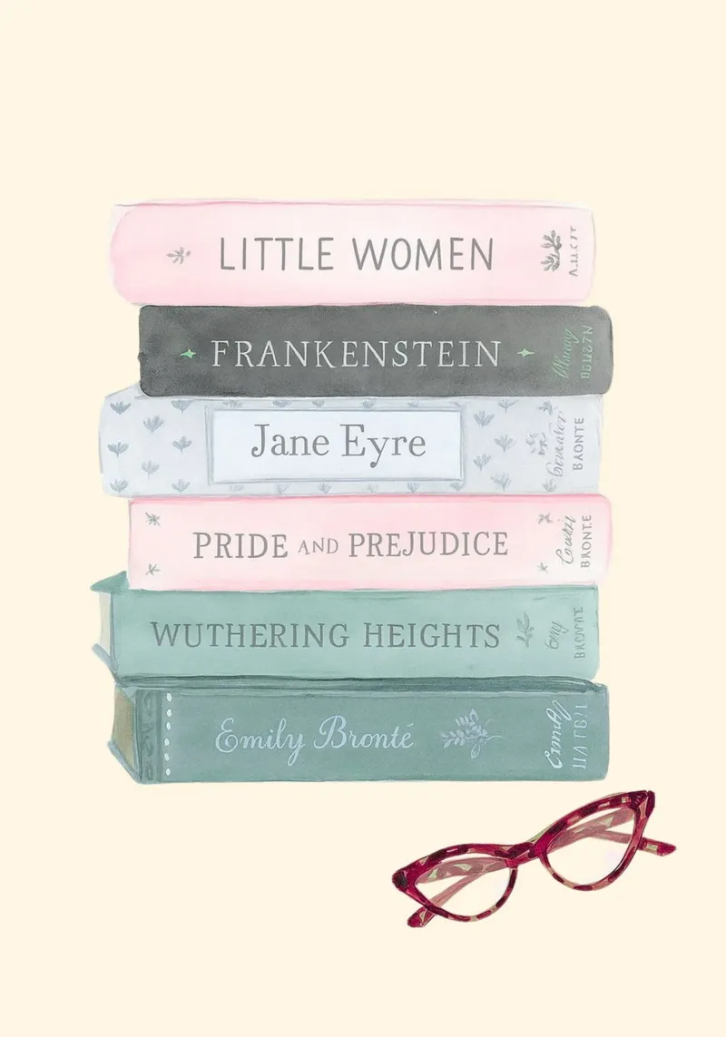 Classic Literature Stack - Feminist Reading List Art canvas with Floater frame by vintagepod