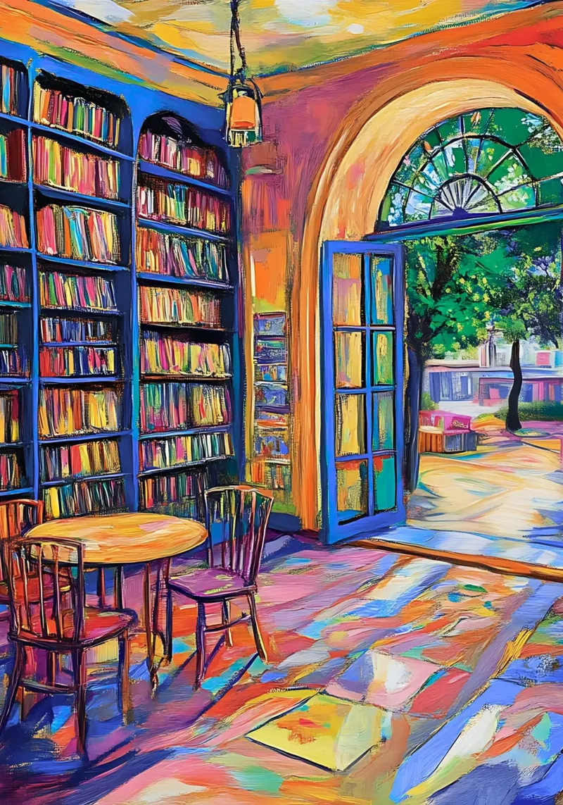 Vibrant Library and Garden - Expressionist Art Print canvas with Floater frame by vintagepod