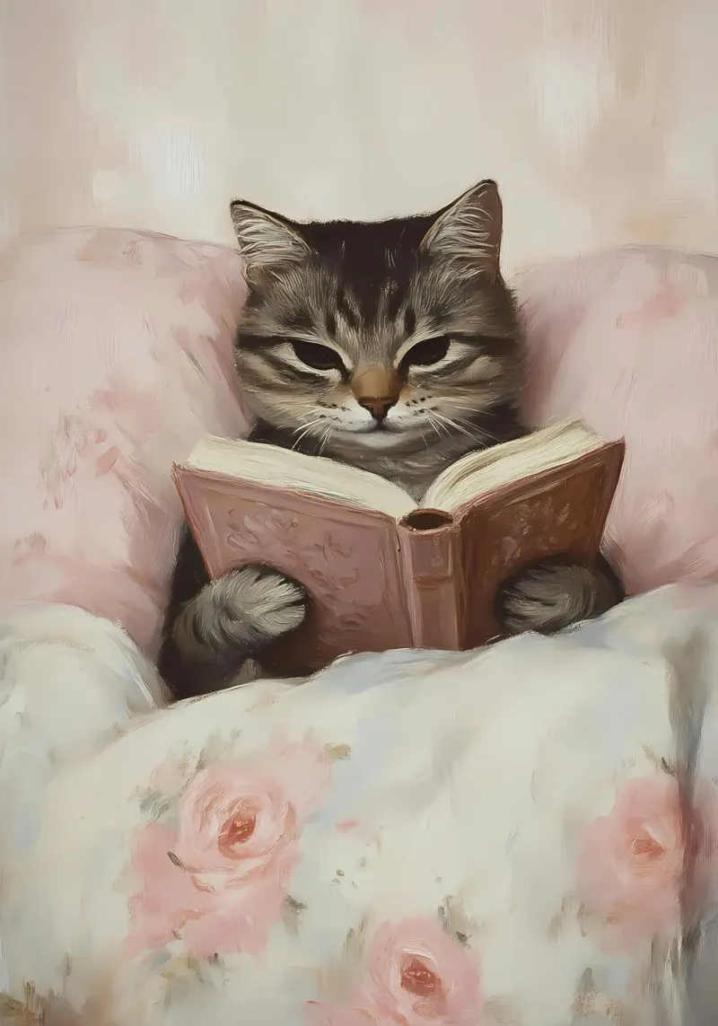 Tabby Katze lesend im Bett - Gemütlicher Bücherwurm Kunst Backlit Folie von vintagepod