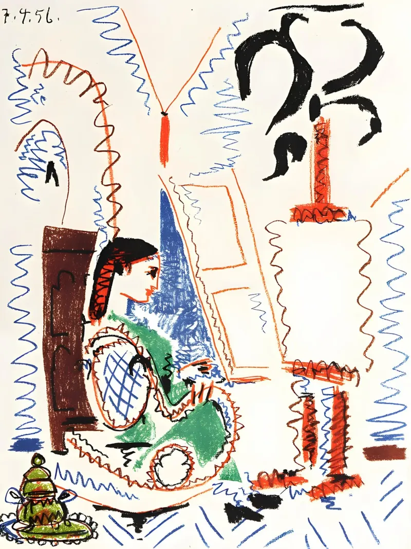 Picasso "Vrouw bij Schildersezel" Expressieve Tekening Print canvas met Baklijst van homdeco